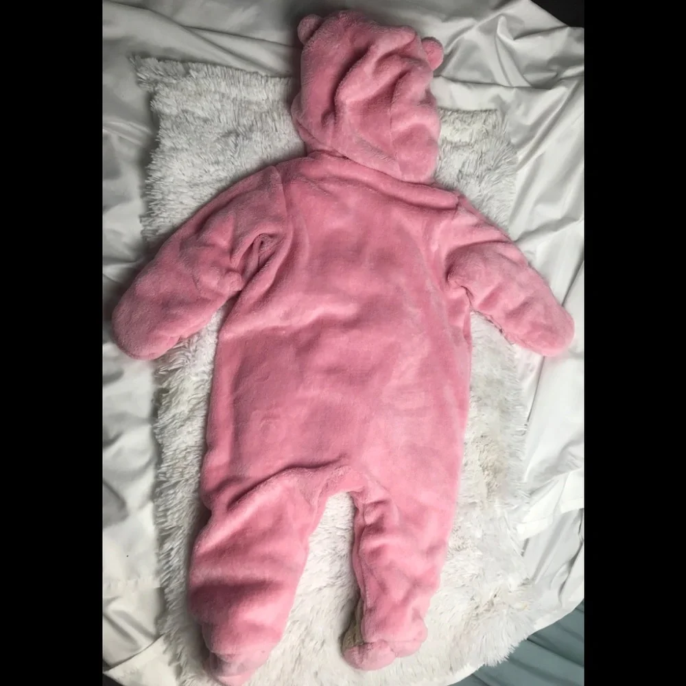SMALL WONDERS 12M pink faux fur bear bunting suit
